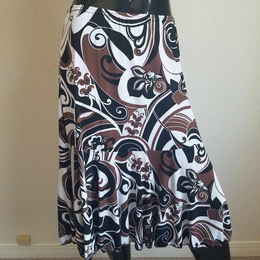 White Brown and Black Patterned Midi Skirt